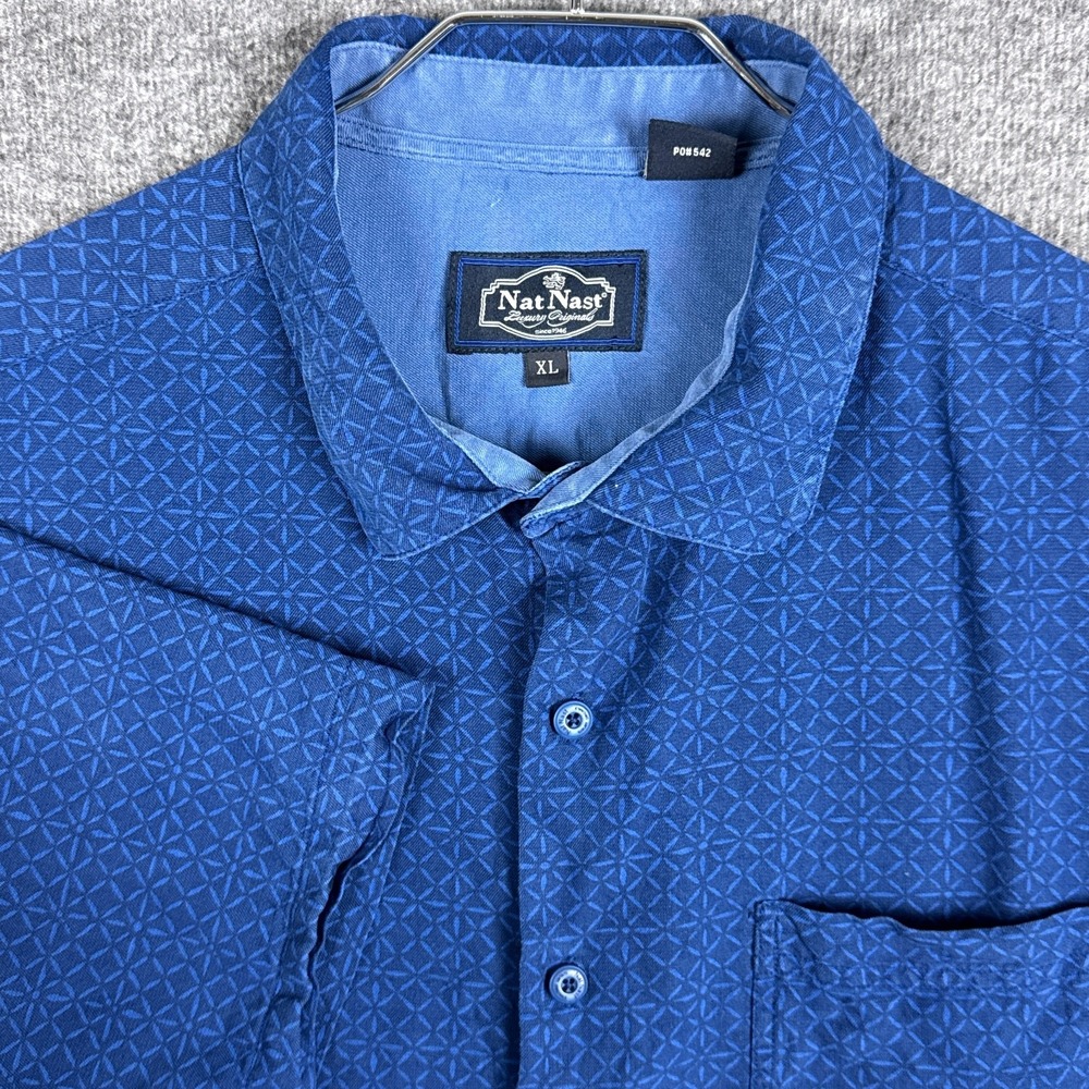 Nat Nast Shirt Mens XL Blue Geometric Short Sleeve Button Hawaiian Silk Blend‎